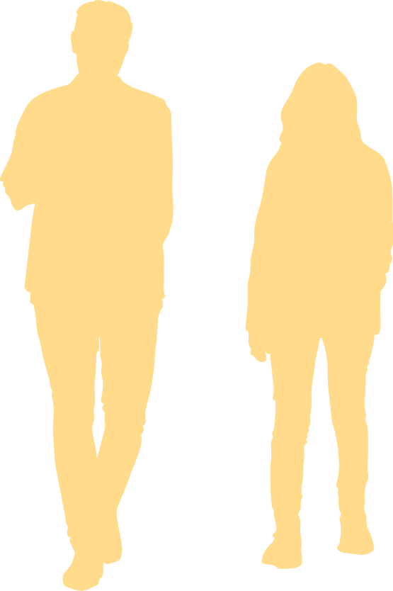 Yellow Graphic of two people walking. A man and woman.