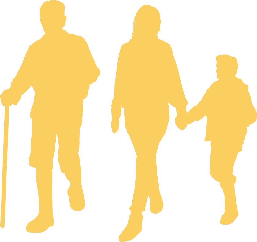 Yellow Graphic of a family of three walking. A man, woman and a child.