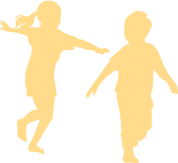 Yellow Graphic of two children walking. A boy and girl.