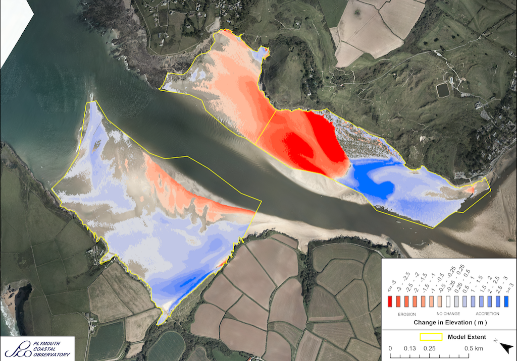 Hawkers Cove, Rock and Daymer Bay LiDAR difference model between 2003 to 2020